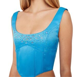 Danielle Guizio Satin Beaded Lace-Up Bustier Top Cerulean Blue